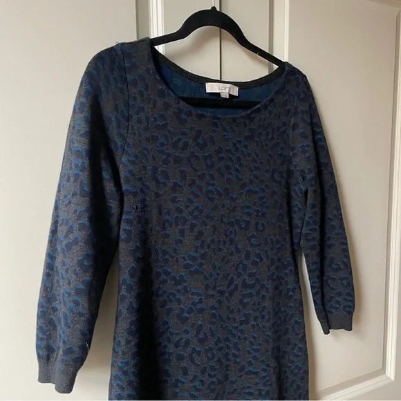LOFT Grey and Blue Leopard print Sweater Dress - Picture 5 of 12